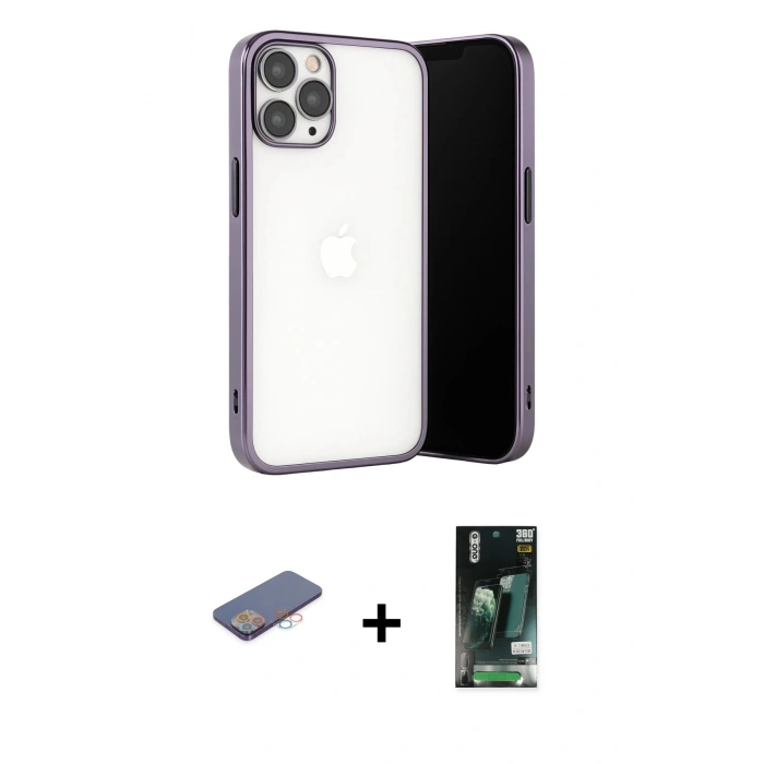 MARSİLYAN™- iPhone 13 Pro Max Kılıf Vadi Minimal - Şeffaf 360 Full Body Arka Koruyucu + Renkli Kamera Lens Koruma Cam - PE