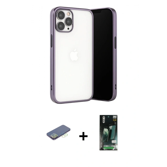 MARSİLYAN™- iPhone 13 Pro Max Kılıf Vadi Minimal - Şeffaf 360 Full Body Arka Koruyucu + Renkli Kamera Lens Koruma Cam - YL
