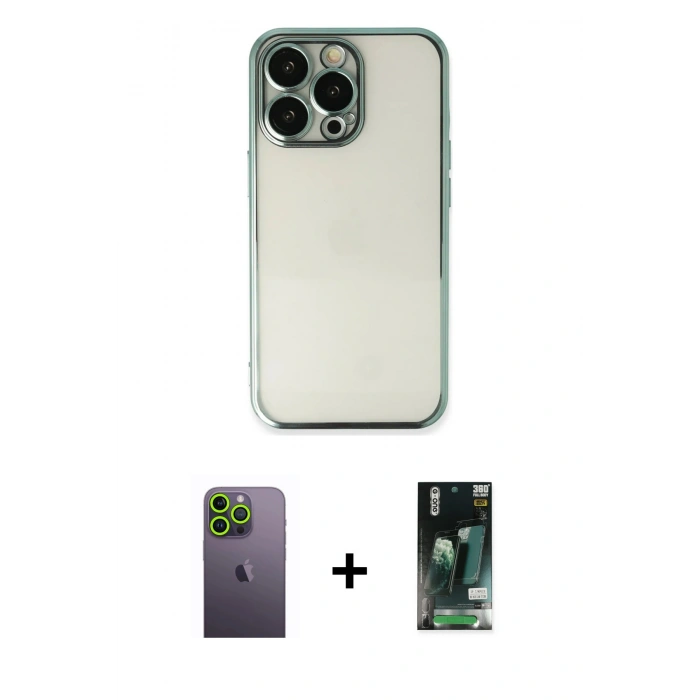 MARSİLYAN™- iPhone 13 Pro Max Kılıf Vadi Minimal - Şeffaf 360 Full Body Arka Koruyucu + Neon Fosforlu Kamera Lens - YL