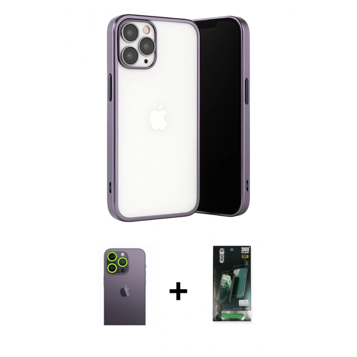 MARSİLYAN™- iPhone 13 Pro Max Kılıf Vadi Minimal - Şeffaf 360 Full Body Arka Koruyucu + Neon Fosforlu Kamera Lens - YL