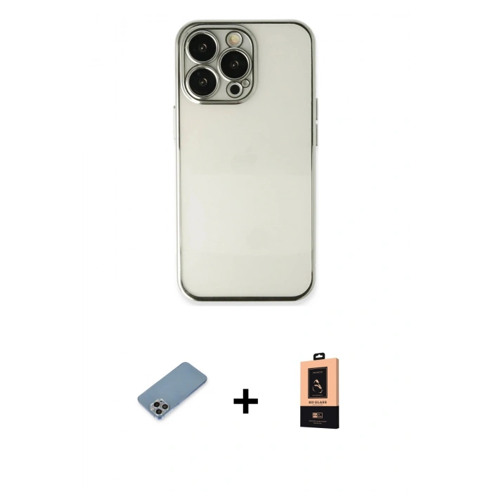 MARSİLYAN™- iPhone 13 Pro Max Kılıf Vadi Minimal - Şeffaf Maxco Cam Ekran Koruyucu + Gökkuşağı Shine Kamera Lens Koruma Cam