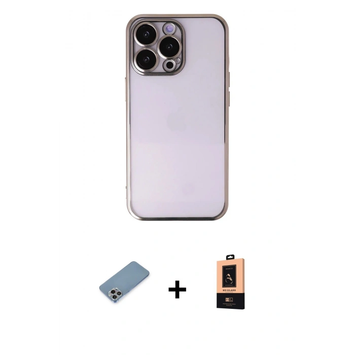 MARSİLYAN™- iPhone 13 Pro Max Kılıf Vadi Minimal - Şeffaf Maxco Cam Ekran Koruyucu + Gökkuşağı Shine Kamera Lens Koruma Cam