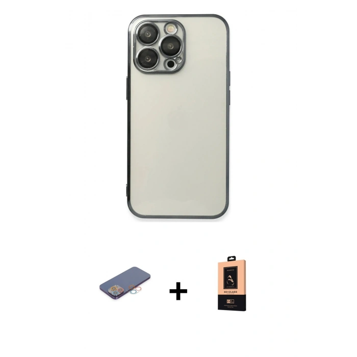 MARSİLYAN™- iPhone 13 Pro Max Kılıf Vadi Minimal - Şeffaf Maxco Cam Ekran Koruyucu + Pembe Renkli Kamera Lens Koruma Cam