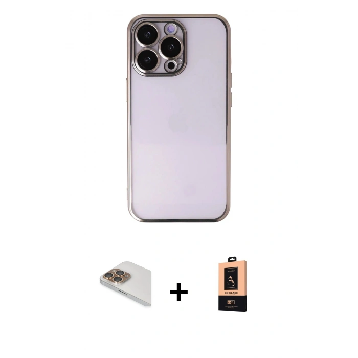 MARSİLYAN™- iPhone 13 Pro Max Kılıf Vadi Minimal - Şeffaf Maxco Cam Ekran Koruyucu + Pers Alüminyum Kamera Lens - GD