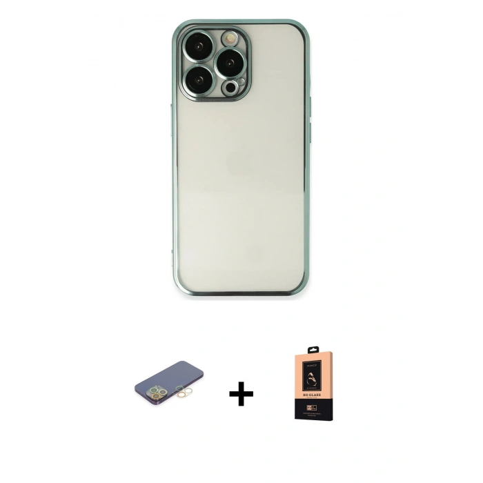 MARSİLYAN™- iPhone 13 Pro Max Kılıf Vadi Minimal - Şeffaf Maxco Cam Ekran Koruyucu + Renkli Kamera Lens Koruma Cam - SI