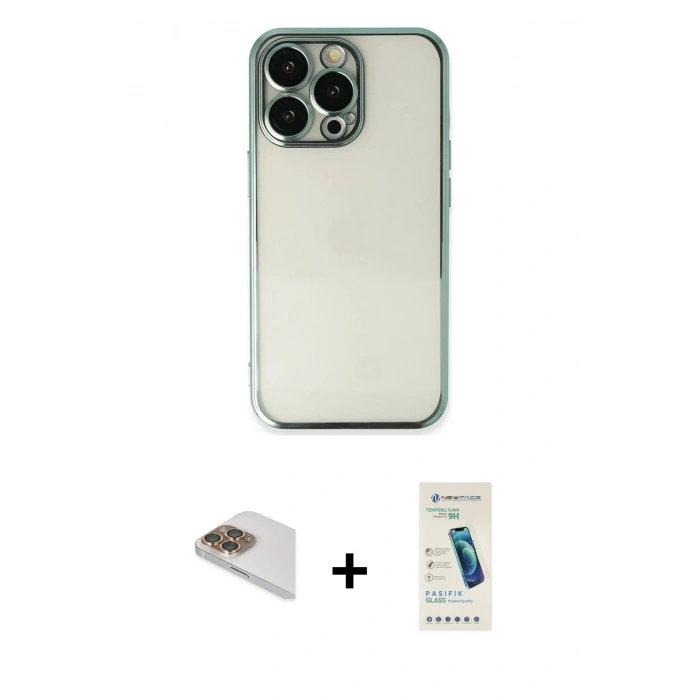 MARSİLYAN™- iPhone 13 Pro Max Kılıf Vadi Minimal - Şeffaf Pasifik Cam Ekran Koruyucu + Pers Alüminyum Kamera Lens - GD