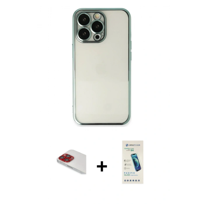 MARSİLYAN™- iPhone 13 Pro Max Kılıf Vadi Minimal - Şeffaf Pasifik Cam Ekran Koruyucu + Pers Alüminyum Kamera Lens - KI