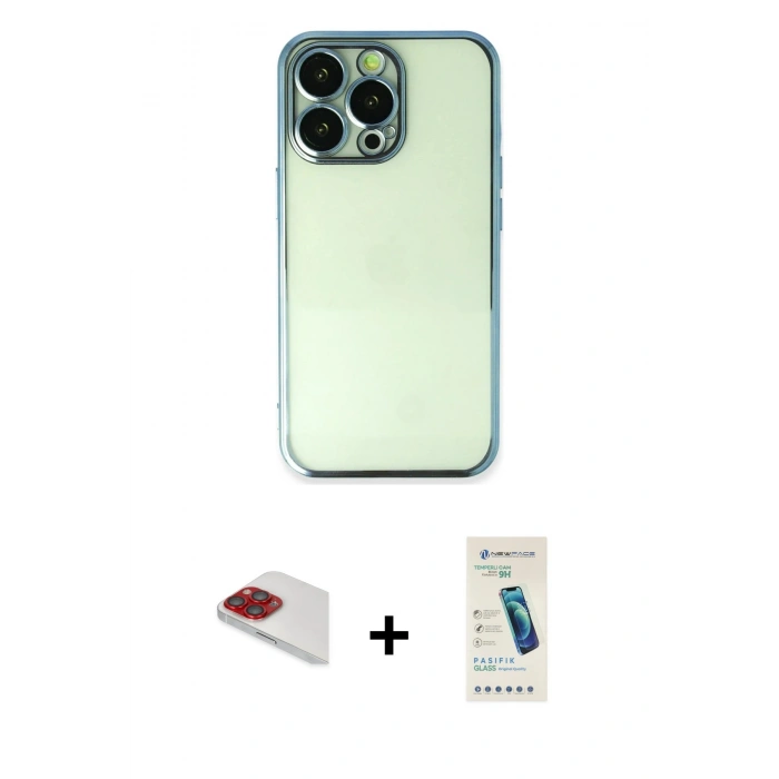 MARSİLYAN™- iPhone 13 Pro Max Kılıf Vadi Minimal - Şeffaf Pasifik Cam Ekran Koruyucu + Pers Alüminyum Kamera Lens - KI