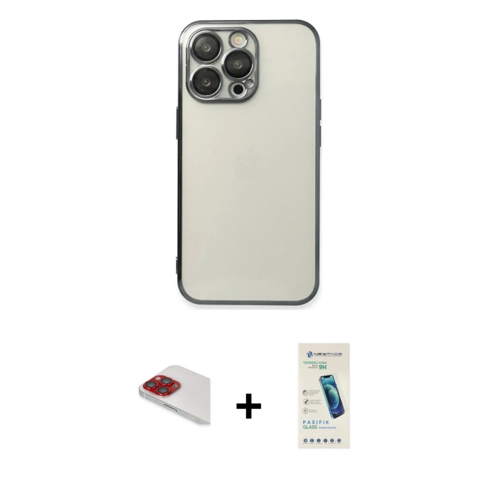 MARSİLYAN™- iPhone 13 Pro Max Kılıf Vadi Minimal - Şeffaf Pasifik Cam Ekran Koruyucu + Pers Alüminyum Kamera Lens - KI