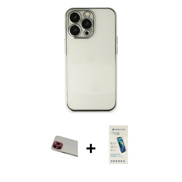 MARSİLYAN™- iPhone 13 Pro Max Kılıf Vadi Minimal - Şeffaf Pasifik Cam Ekran Koruyucu + Kırmızı Rainbow Kamera Lens Koruma Cam
