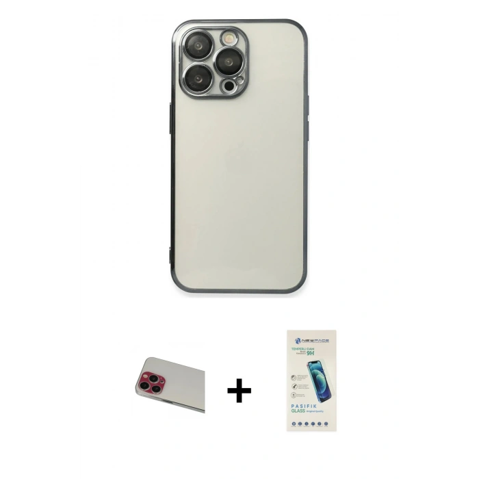 MARSİLYAN™- iPhone 13 Pro Max Kılıf Vadi Minimal - Şeffaf Pasifik Cam Ekran Koruyucu + Kırmızı Rainbow Kamera Lens Koruma Cam