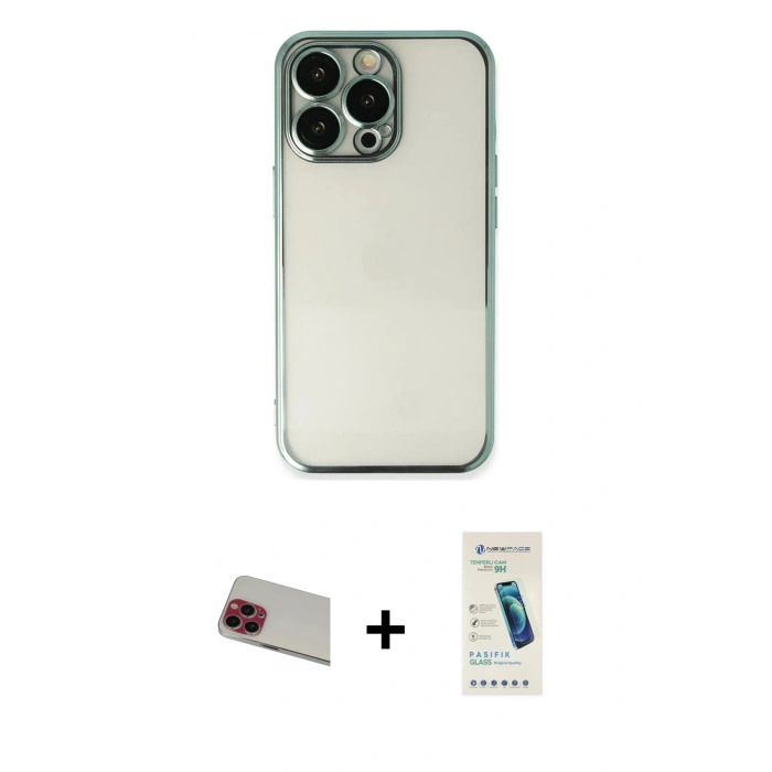 MARSİLYAN™- iPhone 13 Pro Max Kılıf Vadi Minimal - Şeffaf Pasifik Cam Ekran Koruyucu + Kırmızı Rainbow Kamera Lens Koruma Cam