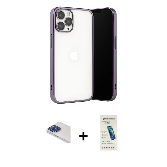 MARSİLYAN™- iPhone 13 Pro Max Kılıf Vadi Minimal - Şeffaf Pasifik Cam Ekran Koruyucu + Lacivert Pers Alüminyum Kamera Lens