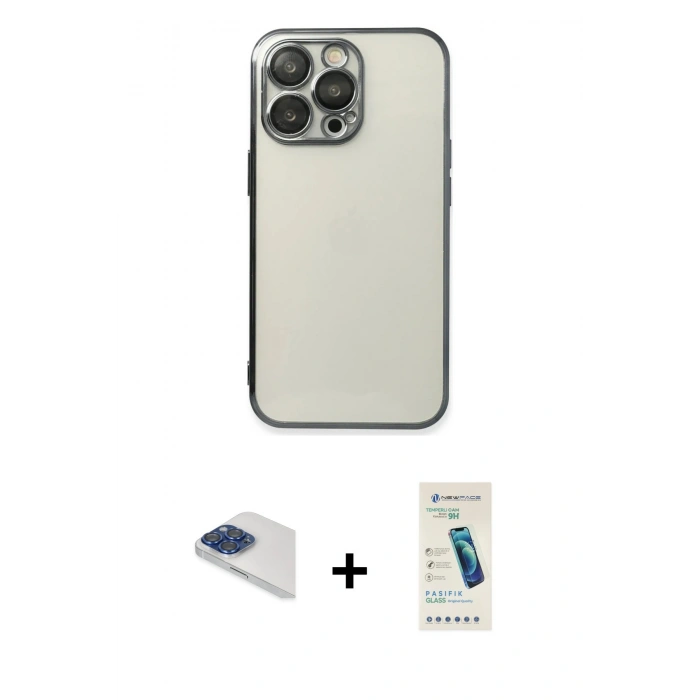 MARSİLYAN™- iPhone 13 Pro Max Kılıf Vadi Minimal - Şeffaf Pasifik Cam Ekran Koruyucu + Lacivert Pers Alüminyum Kamera Lens