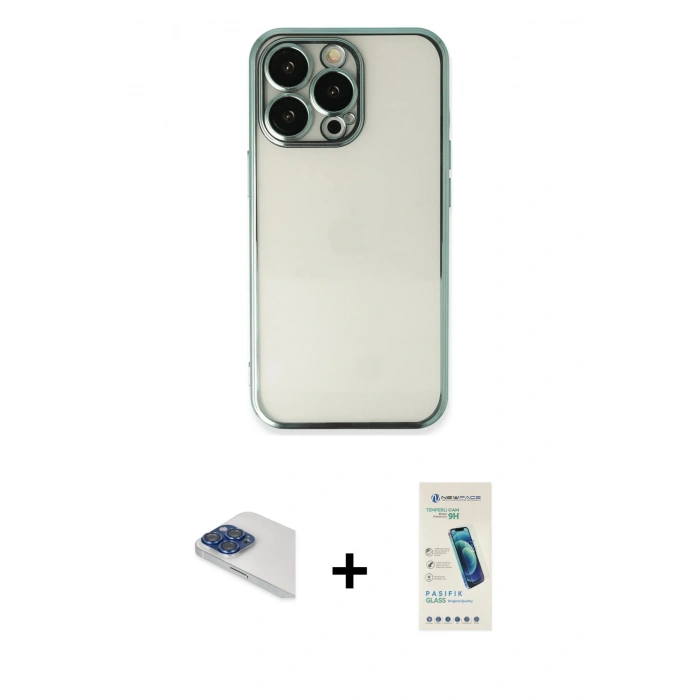 MARSİLYAN™- iPhone 13 Pro Max Kılıf Vadi Minimal - Şeffaf Pasifik Cam Ekran Koruyucu + Lacivert Pers Alüminyum Kamera Lens