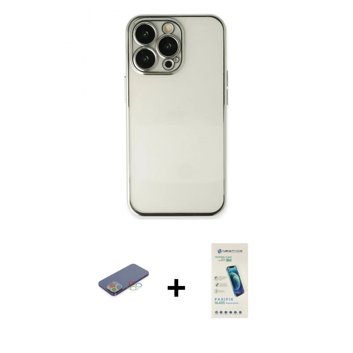 MARSİLYAN™- iPhone 13 Pro Max Kılıf Vadi Minimal - Şeffaf Pasifik Cam Ekran Koruyucu + Renkli Kamera Lens Koruma Cam - MI