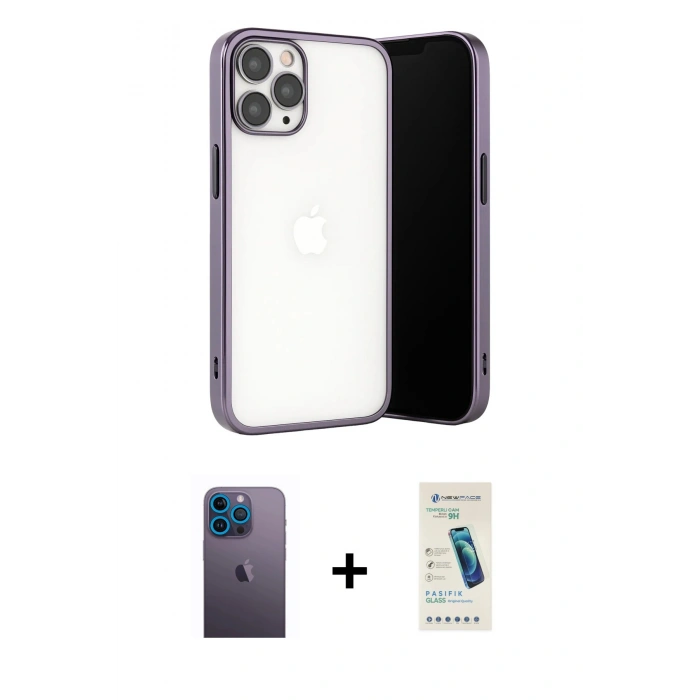 MARSİLYAN™- iPhone 13 Pro Max Kılıf Vadi Minimal - Şeffaf Pasifik Cam Ekran Koruyucu + Neon Fosforlu Kamera Lens - MI