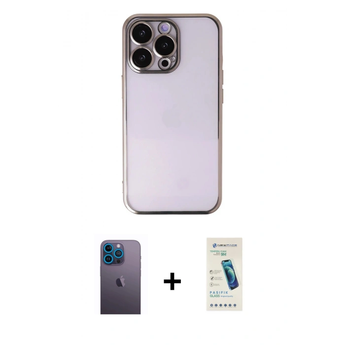 MARSİLYAN™- iPhone 13 Pro Max Kılıf Vadi Minimal - Şeffaf Pasifik Cam Ekran Koruyucu + Neon Fosforlu Kamera Lens - MI