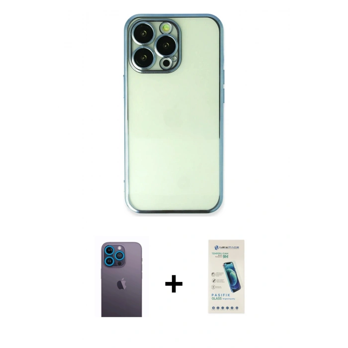 MARSİLYAN™- iPhone 13 Pro Max Kılıf Vadi Minimal - Şeffaf Pasifik Cam Ekran Koruyucu + Neon Fosforlu Kamera Lens - MI