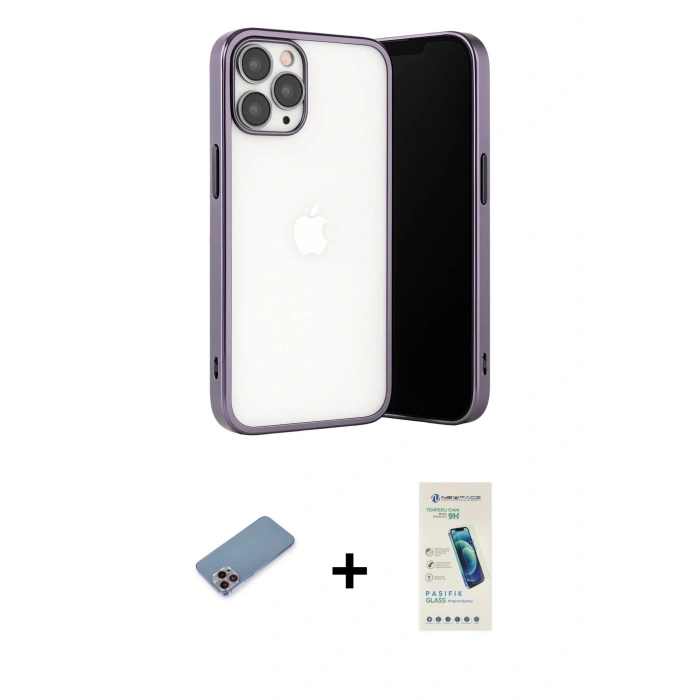 MARSİLYAN™- iPhone 13 Pro Max Kılıf Vadi Minimal - Şeffaf Pasifik Cam Ekran Koruyucu + Pembe Shine Kamera Lens Koruma Cam