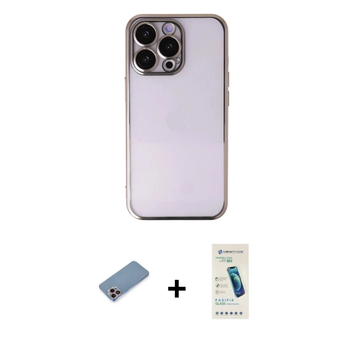 MARSİLYAN™- iPhone 13 Pro Max Kılıf Vadi Minimal - Şeffaf Pasifik Cam Ekran Koruyucu + Pembe Shine Kamera Lens Koruma Cam