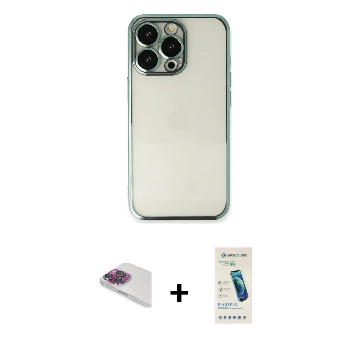 MARSİLYAN™- iPhone 13 Pro Max Kılıf Vadi Minimal - Şeffaf Pasifik Cam Ekran Koruyucu + Pers Alüminyum Kamera Lens - GI