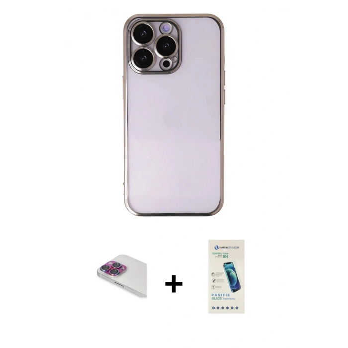 MARSİLYAN™- iPhone 13 Pro Max Kılıf Vadi Minimal - Şeffaf Pasifik Cam Ekran Koruyucu + Pers Alüminyum Kamera Lens - GI
