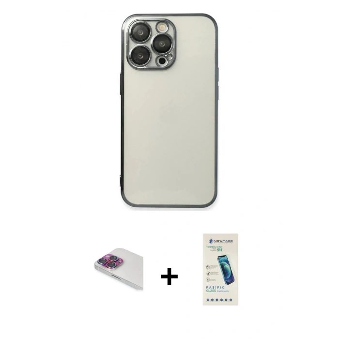 MARSİLYAN™- iPhone 13 Pro Max Kılıf Vadi Minimal - Şeffaf Pasifik Cam Ekran Koruyucu + Pers Alüminyum Kamera Lens - GI
