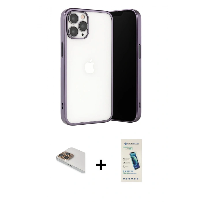 MARSİLYAN™- iPhone 13 Pro Max Kılıf Vadi Minimal - Şeffaf Pasifik Cam Ekran Koruyucu + Pers Alüminyum Kamera Lens - GD
