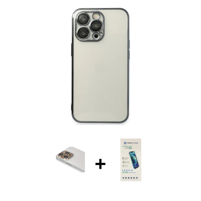MARSİLYAN™- iPhone 13 Pro Max Kılıf Vadi Minimal - Şeffaf Pasifik Cam Ekran Koruyucu + Pers Alüminyum Kamera Lens - GD
