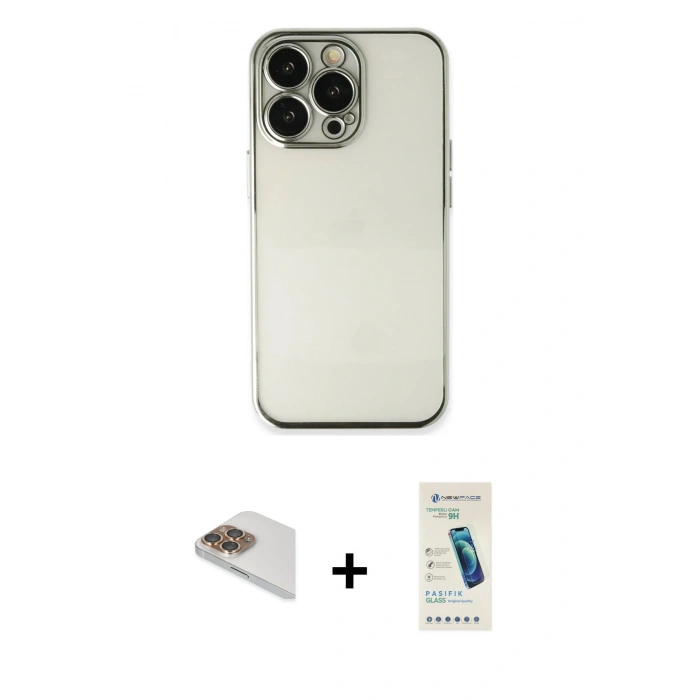 MARSİLYAN™- iPhone 13 Pro Max Kılıf Vadi Minimal - Şeffaf Pasifik Cam Ekran Koruyucu + Pers Alüminyum Kamera Lens - GD