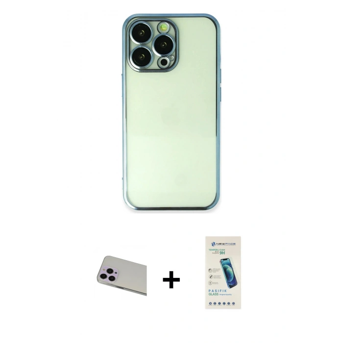 MARSİLYAN™- iPhone 13 Pro Max Kılıf Vadi Minimal - Şeffaf Pasifik Cam Ekran Koruyucu + Rainbow Kamera Lens Koruma Cam - MR