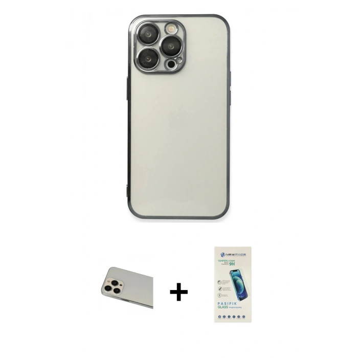 MARSİLYAN™- iPhone 13 Pro Max Kılıf Vadi Minimal - Şeffaf Pasifik Cam Ekran Koruyucu + Rainbow Kamera Lens Koruma Cam - REGD