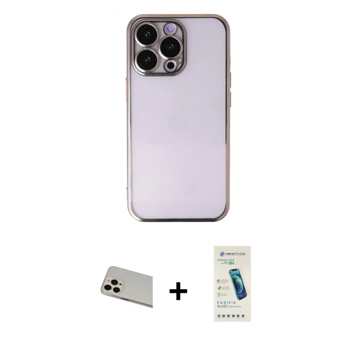 MARSİLYAN™- iPhone 13 Pro Max Kılıf Vadi Minimal - Şeffaf Pasifik Cam Ekran Koruyucu + Rainbow Kamera Lens Koruma Cam - REGD