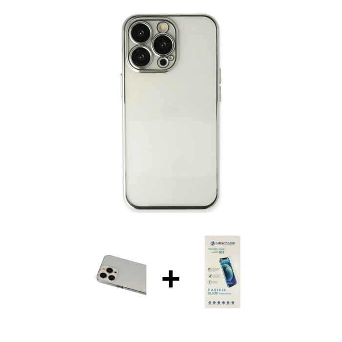 MARSİLYAN™- iPhone 13 Pro Max Kılıf Vadi Minimal - Şeffaf Pasifik Cam Ekran Koruyucu + Rainbow Kamera Lens Koruma Cam - REGD