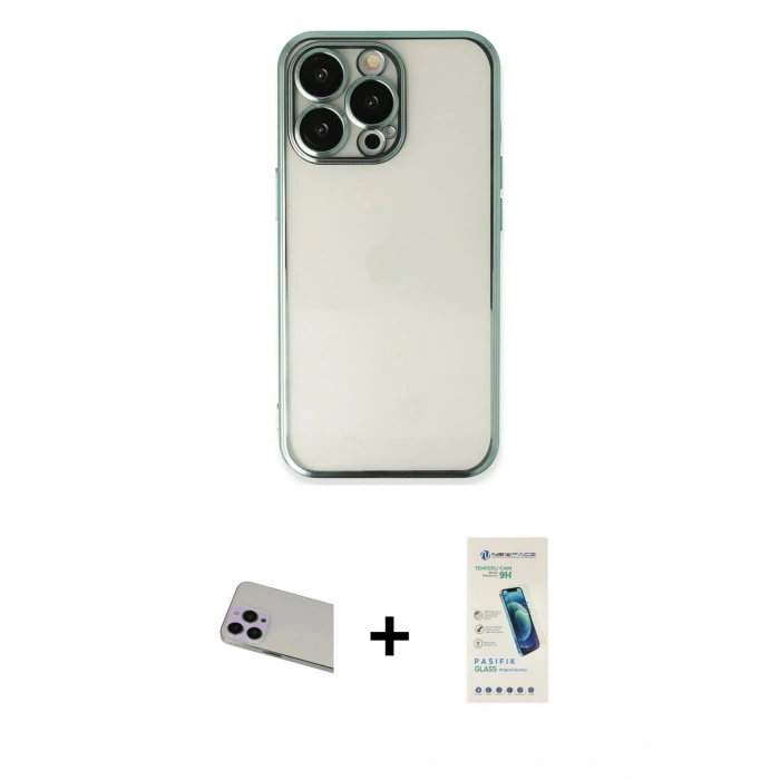 MARSİLYAN™- iPhone 13 Pro Max Kılıf Vadi Minimal - Şeffaf Pasifik Cam Ekran Koruyucu + Rainbow Kamera Lens Koruma Cam - MR