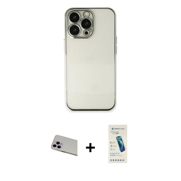 MARSİLYAN™- iPhone 13 Pro Max Kılıf Vadi Minimal - Şeffaf Pasifik Cam Ekran Koruyucu + Rainbow Kamera Lens Koruma Cam - MR