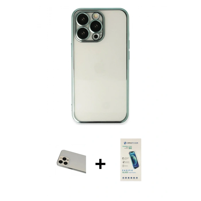 MARSİLYAN™- iPhone 13 Pro Max Kılıf Vadi Minimal - Şeffaf Pasifik Cam Ekran Koruyucu + Rainbow Kamera Lens Koruma Cam - REGD