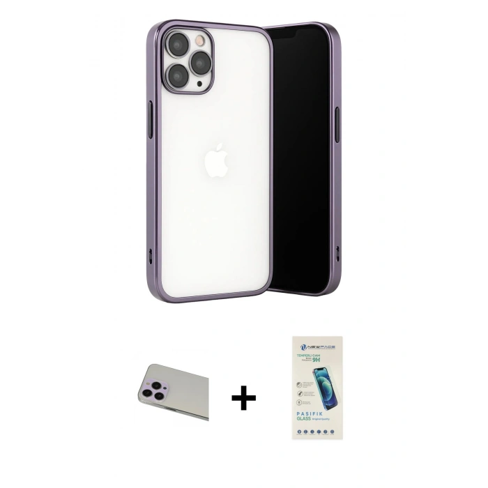 MARSİLYAN™- iPhone 13 Pro Max Kılıf Vadi Minimal - Şeffaf Pasifik Cam Ekran Koruyucu + Rainbow Kamera Lens Koruma Cam - MR
