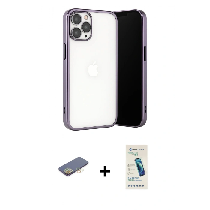 MARSİLYAN™- iPhone 13 Pro Max Kılıf Vadi Minimal - Şeffaf Pasifik Cam Ekran Koruyucu + Renkli Kamera Lens Koruma Cam - SI