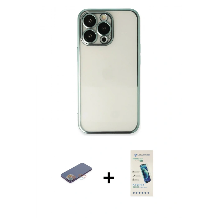 MARSİLYAN™- iPhone 13 Pro Max Kılıf Vadi Minimal - Şeffaf Pasifik Cam Ekran Koruyucu + Renkli Kamera Lens Koruma Cam - PE