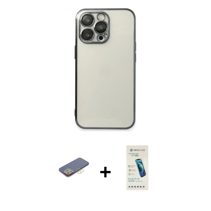 MARSİLYAN™- iPhone 13 Pro Max Kılıf Vadi Minimal - Şeffaf Pasifik Cam Ekran Koruyucu + Renkli Kamera Lens Koruma Cam - SI