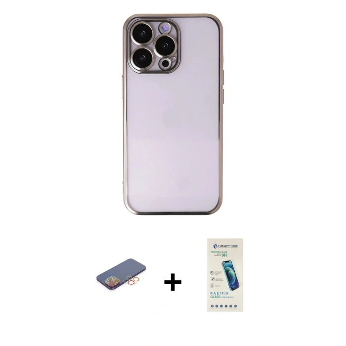 MARSİLYAN™- iPhone 13 Pro Max Kılıf Vadi Minimal - Şeffaf Pasifik Cam Ekran Koruyucu + Renkli Kamera Lens Koruma Cam - TU