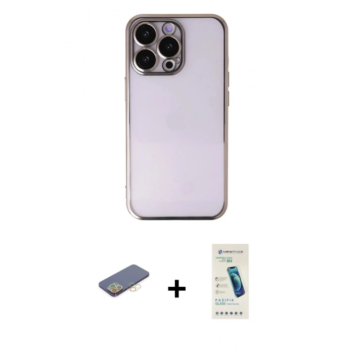 MARSİLYAN™- iPhone 13 Pro Max Kılıf Vadi Minimal - Şeffaf Pasifik Cam Ekran Koruyucu + Renkli Kamera Lens Koruma Cam - SI