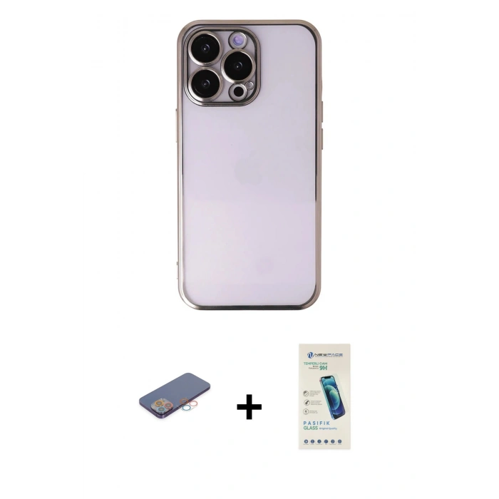 MARSİLYAN™- iPhone 13 Pro Max Kılıf Vadi Minimal - Şeffaf Pasifik Cam Ekran Koruyucu + Renkli Kamera Lens Koruma Cam - PE