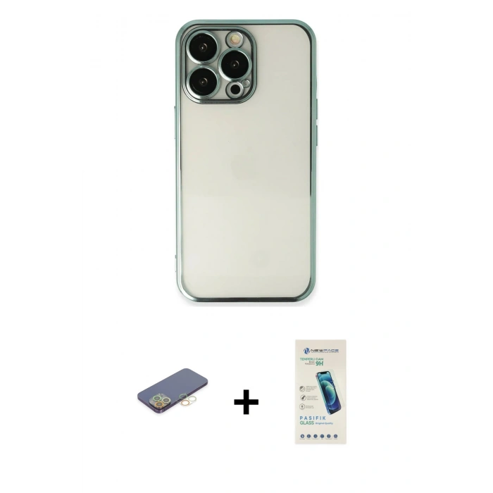 MARSİLYAN™- iPhone 13 Pro Max Kılıf Vadi Minimal - Şeffaf Pasifik Cam Ekran Koruyucu + Renkli Kamera Lens Koruma Cam - SI
