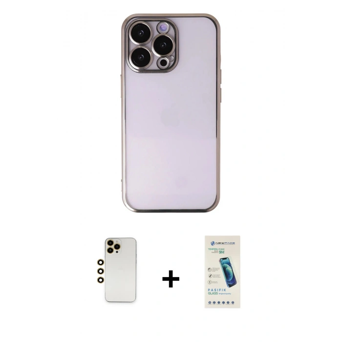 MARSİLYAN™- iPhone 13 Pro Max Kılıf Vadi Minimal - Şeffaf Pasifik Cam Ekran Koruyucu + Shine Kamera Lens - GD