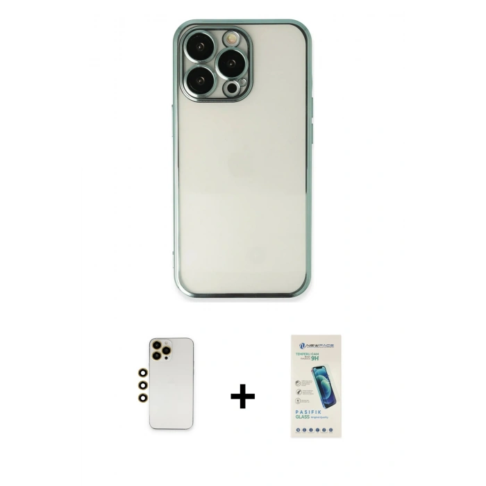 MARSİLYAN™- iPhone 13 Pro Max Kılıf Vadi Minimal - Şeffaf Pasifik Cam Ekran Koruyucu + Shine Kamera Lens - GD