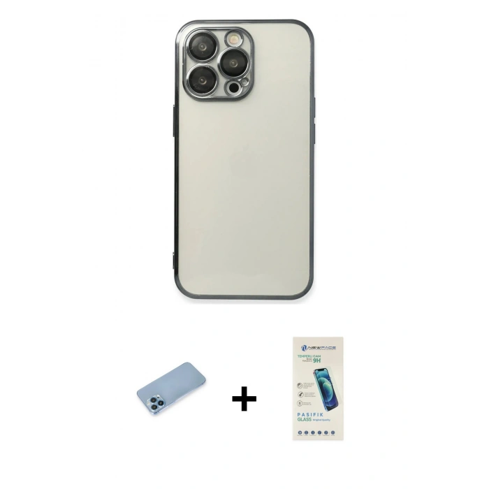 MARSİLYAN™- iPhone 13 Pro Max Kılıf Vadi Minimal - Şeffaf Pasifik Cam Ekran Koruyucu + Shine Kamera Lens Koruma Cam - MI
