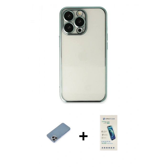 MARSİLYAN™- iPhone 13 Pro Max Kılıf Vadi Minimal - Şeffaf Pasifik Cam Ekran Koruyucu + Shine Kamera Lens Koruma Cam - GI
